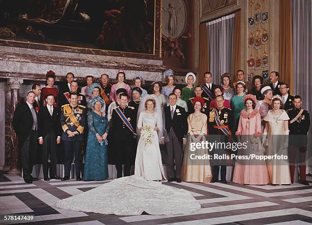 Formal group portrait of the wedding party of Princess Beatrix of the Netherlands and her husband Prince Claus of the Netherlands, formerly Claus von...