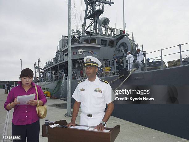 Mutsu, Japan - Lieutenant Commander Todd Levant , skipper of the U.S. Navy's mines countermeasure ship USS Defender, attends a press conference at...