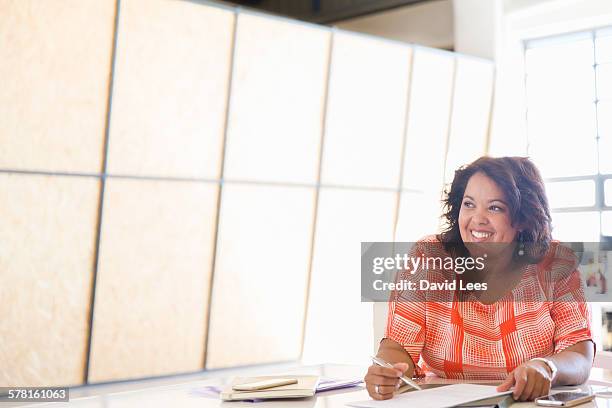 businesswoman reviewing documents in office - draft portraits foto e immagini stock