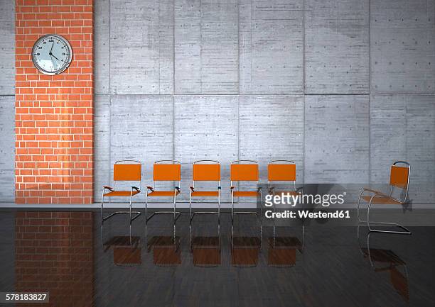 therapy room with orange chairs and wall clock, 3d rendering - clock on wall stock illustrations