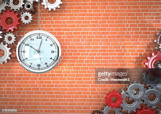 cogwheels and clock in front of a brick wall, 3d rendering - clock on wall stock illustrations