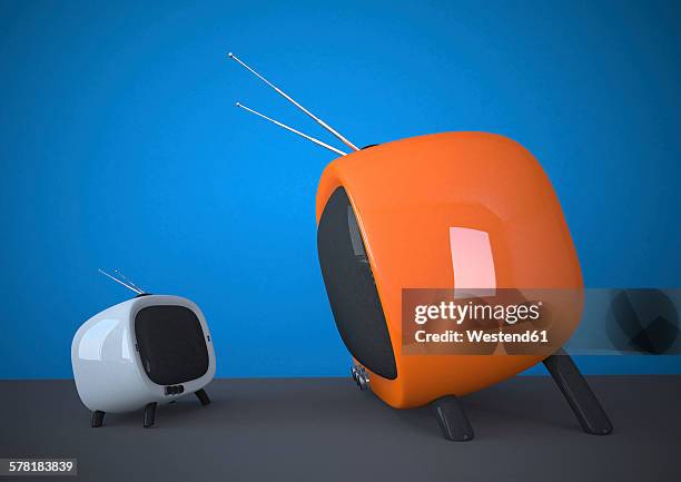 3d illustration, small versus big, white and orange tv - versus stock illustrations