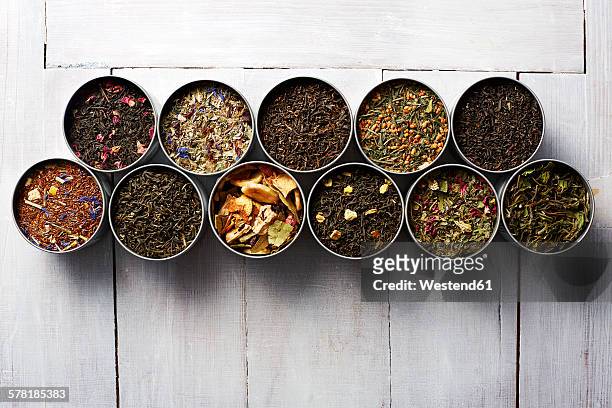 tins of different sorts of tea - tea can stockfoto's en -beelden