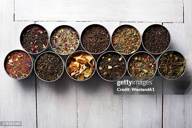 tins of different sorts of tea - tea can stock pictures, royalty-free photos & images