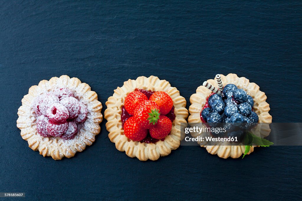 Three short crust tartlets with different berries