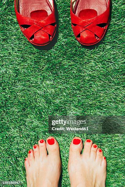 barefoot women with nails painted red next to a pair of red shoes, on the green grass - toe stock pictures, royalty-free photos & images