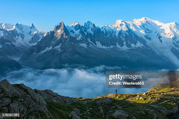 france, mont blanc, lake cheserys, hiker in front of mount blanc at sunrise - mont blanc massif ストックフォトと画像