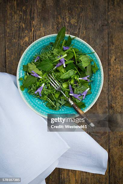 bowl of wild-herb salad with edible flowers - plantago lanceolata stock pictures, royalty-free photos & images