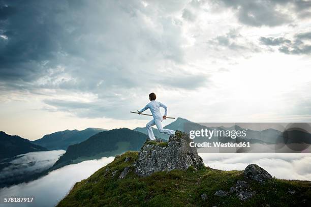 austria, kranzhorn, mid adult woman exercising stick fighting on mountain top - freedom fighter stock pictures, royalty-free photos & images