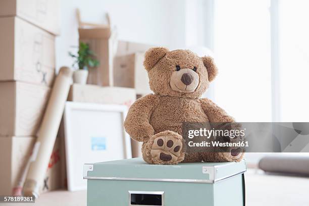 teddy bear sitting on box in front of piled cardboard boxes - ours en peluche photos et images de collection