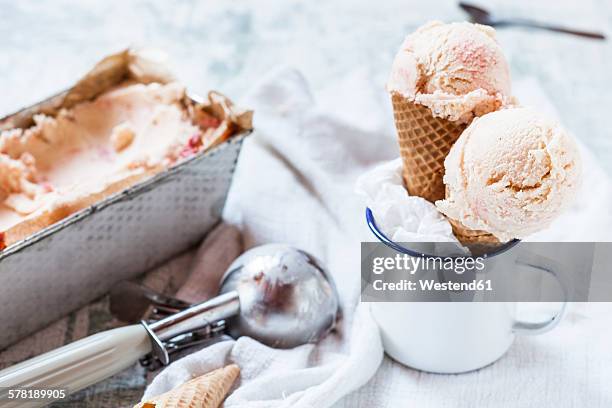 vanilla icecream with fruit swirl in loaf pan, emaille cup with ice-cream cone and ice scoops, ice cream scoop - homemade icecream stock pictures, royalty-free photos & images