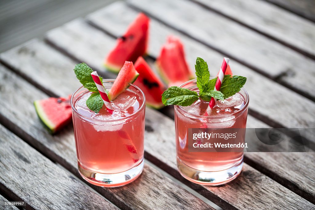 Watermelon-Hugo, Mojito in glasses with drinking straw