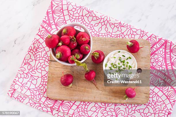 bowl of red radishes and bowl of sour cream dip - sour cream stock pictures, royalty-free photos & images