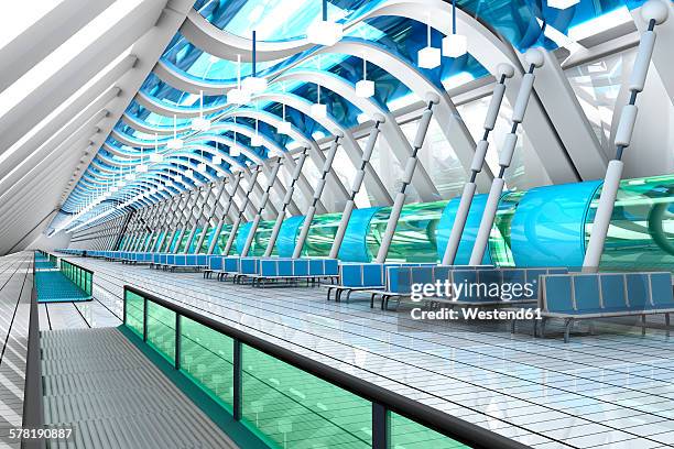 waiting area of a futuristic airport, 3d rendering - airport stock illustrations