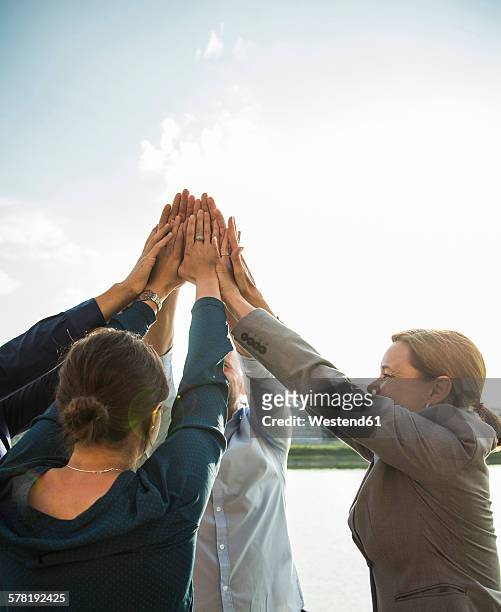 four happy businesspeople raising their hands together - nur erwachsene stock-fotos und bilder