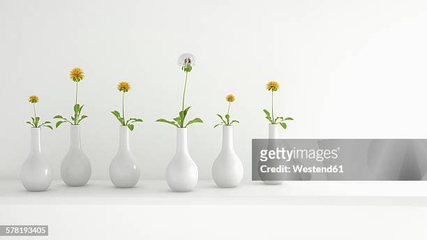 row of white flower vases with a blowball and dandelions, 3d rendering - flowers in a row stock illustrations