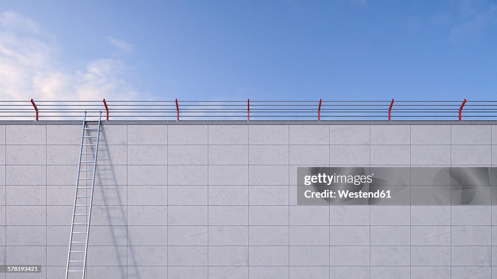 3D Rendering, ladder leaning against wall, barbed wire