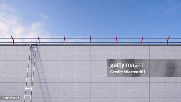 3d rendering, ladder leaning against wall, barbed wire - razor wire fence stock illustrations