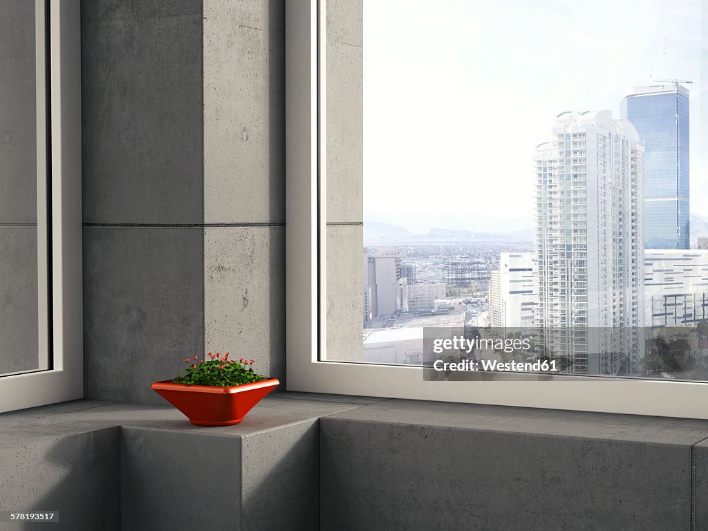 Red bowl of clover standing on window sill in a modern high-rise building, 3D Rendering