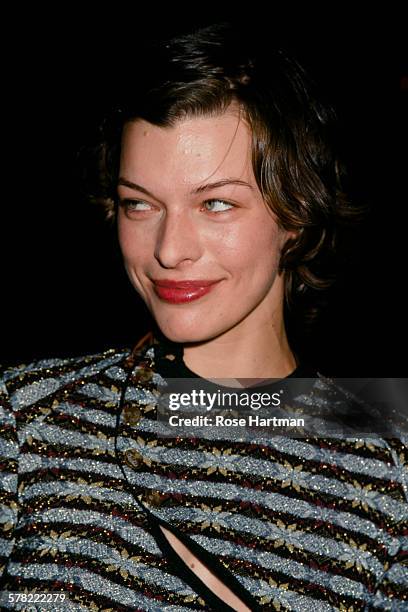 American model and actress Milla Jovovich at the Vivienne Westwood Spring 2000 fashion show, New York City, USA, 1999.