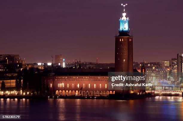 stockholm city hall at night - nobel banquet stock pictures, royalty-free photos & images