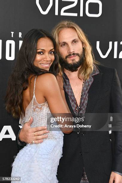 Zoe Saldana and Marco Perego attend the premiere of paramount pictures' "Star Trek Beyond" at Embarcadero Marina Park South on July 20, 2016 in San...