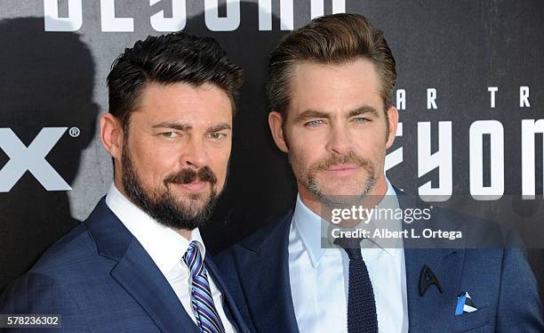 Actors Karl Urban and Chris Pine arrive for the Premiere Of Paramount Pictures' "Star Trek Beyond" held at Embarcadero Marina Park South on July 20,...