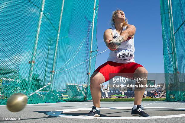 Kinga Lepkowska from Poland competes in women's hammer throw qualification during the IAAF World U20 Championships at the Zawisza Stadium on July 21,...
