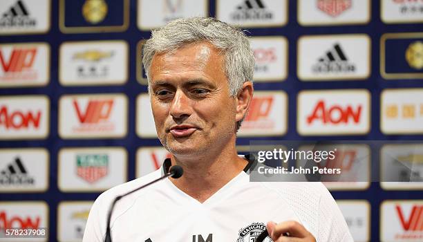Manager Jose Mourinho of Manchester United speaks during a press conference as part of their pre-season tour of China at Shanghai Stadium on July 21,...