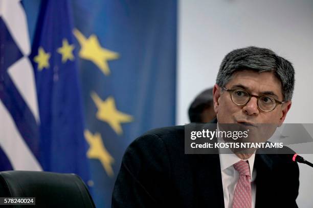 Treasury Secretary Jacob Lew speaks during a press conference after his meeting with the Greek Finance Minister in Athens on July 21, 2016.