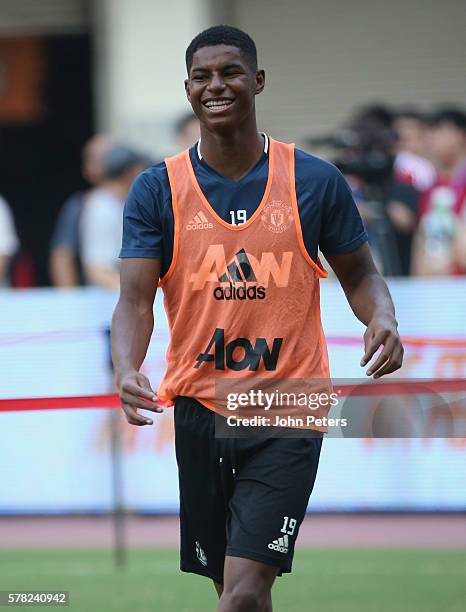 Marcus Rashford of Manchester United in action during a first team training session as part of their pre-season tour of China at Shanghai Stadium on...