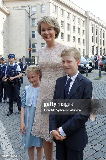 Queen Mathilde of Belgium, Prince Emmanuel and Princess Eleonore greet locals after the Te Deum mass at the Cathedral of St. Michael and St. Gudula...