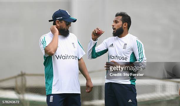 England bowler Adil Rashid chats with spin bowling coach Saqlain Mushtaq during England Nets ahead of the 2nd Investec test match against Pakistan at...