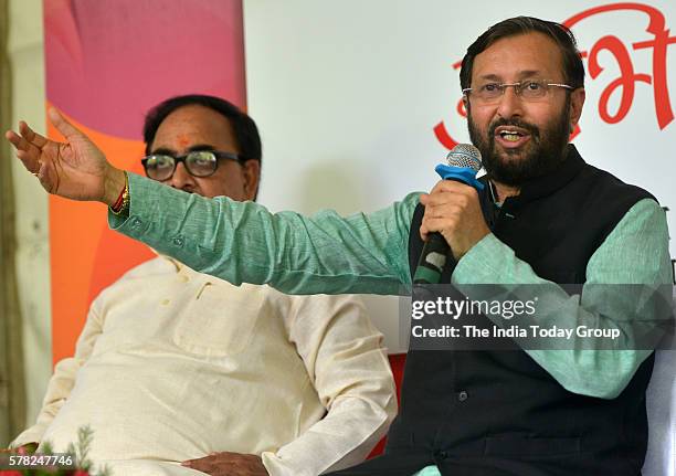 Union Minister of Human Resource Development Prakash Javadekar and Minister of State for HRD Dr. Mahendra Nath Pandey during the Gun Gaurav to...