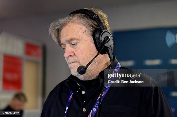 Stephen K. Bannon takes calls while hosting Brietbart News Daily on SiriusXM Patriot at Quicken Loans Arena on July 21, 2016 in Cleveland, Ohio....