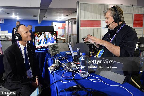 Stephen K. Bannon talks with Rick Scott, Governor of Florida, while hosting Brietbart News Daily on SiriusXM Patriot at Quicken Loans Arena on July...