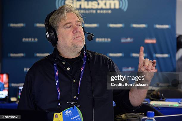 Stephen K. Bannon responds to a caller while hosting Brietbart News Daily on SiriusXM Patriot at Quicken Loans Arena on July 21, 2016 in Cleveland,...