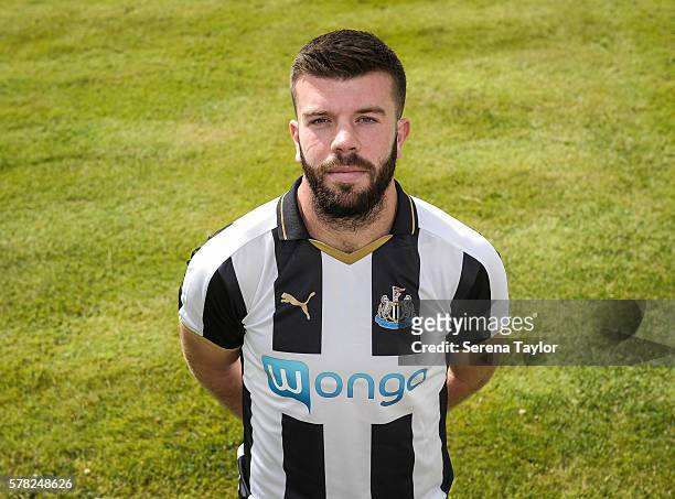 Grant Hanley poses for a photograph wearing a home shirt at the Newcastle United Training Centre on July 21 in Newcastle upon Tyne, England.