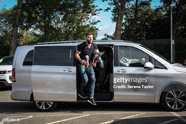 Grant Hanley arrives for his medical at the Newcastle United Training Centre on July 21 in Newcastle upon Tyne, England.