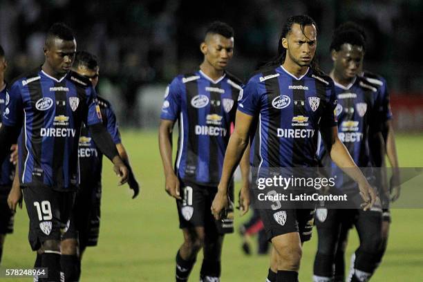 Arturo Mina of Independiente del Valle and teammates leave the field after a first leg final match between Independiente del Valle and Atletico...