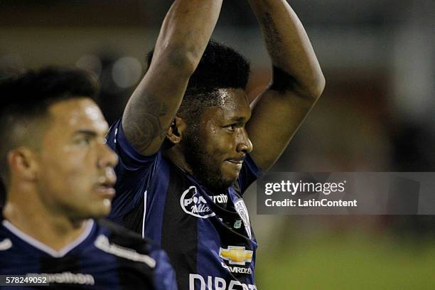 Jonathan Gonzalez of Independiente del Valle greets fans after a first leg final match between Independiente del Valle and Atletico Nacional as part...