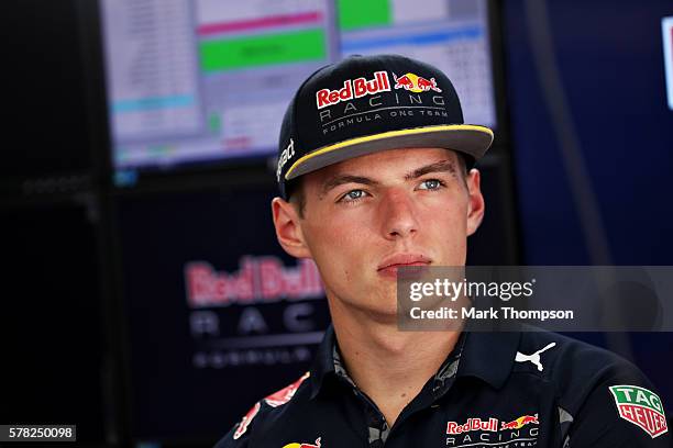 Max Verstappen of Netherlands and Red Bull Racing in the garage during previews ahead of the Formula One Grand Prix of Hungary at Hungaroring on July...