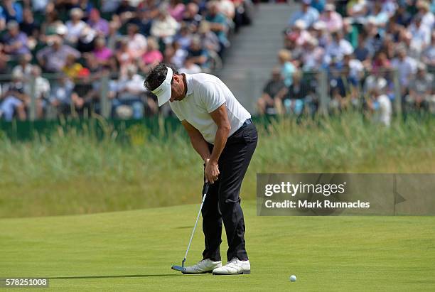 Jean Van De Velde of France putting at the 18th hole during the first day of The Senior Open Championship at Carnoustie Golf Club on July 21, 2016 in...