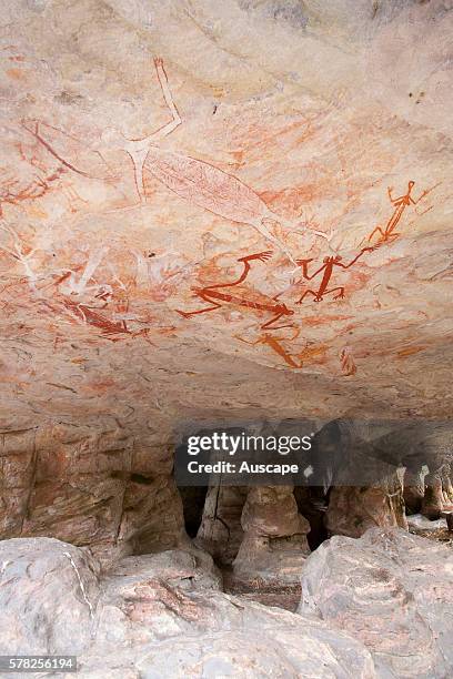 Figures in different styles, in the Main Art Site. Rock art at Mount Borradaile dates back many thousands of years. Mount Borradaile, Awunbarna,...