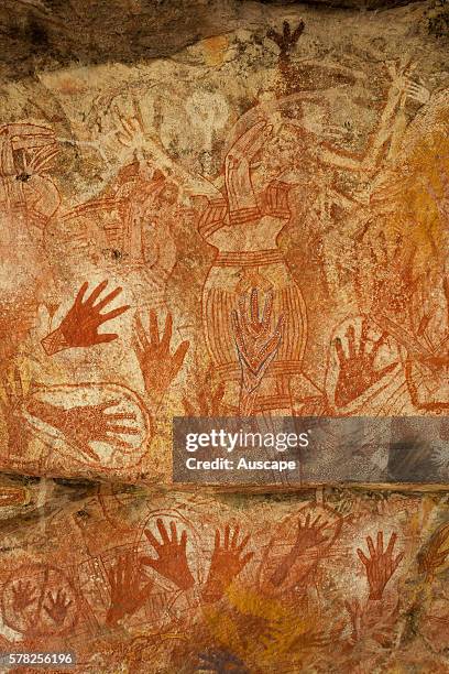 Hand stencils and paintings of figures in the Main Art Site. Rock art at Mount Borradaile dates back many thousands of years. Mount Borradaile,...