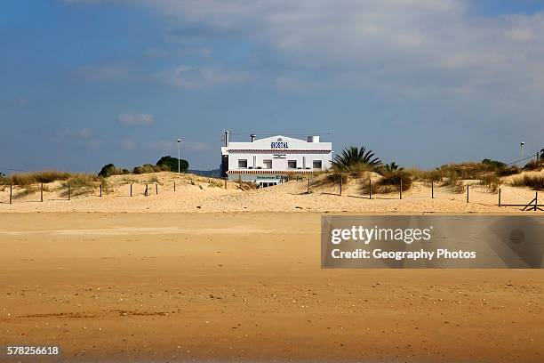 Small beach hotel on the coast at El Palmar, near Vejer de la Frontera, Cadiz Province, Spain.