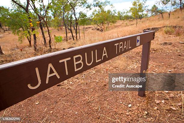 Sign for the Jatbula Trail, a five-day, 58-km walk from Nitmiluk, Katherine, Gorge to Leliyn, Edith Falls, Nitmiluk National Park, Katherine,...