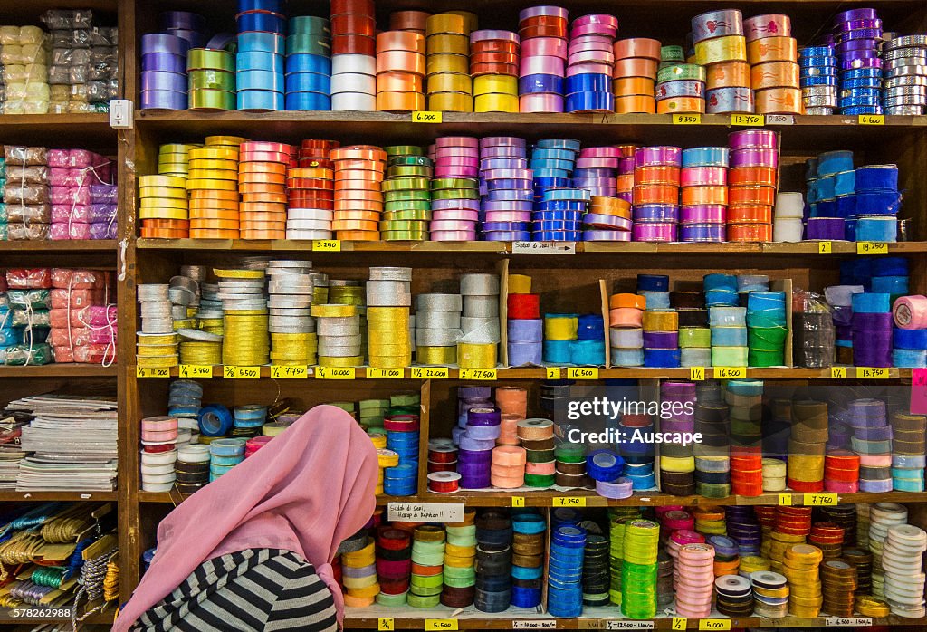 Shelves of ribbons in a ribbon shop