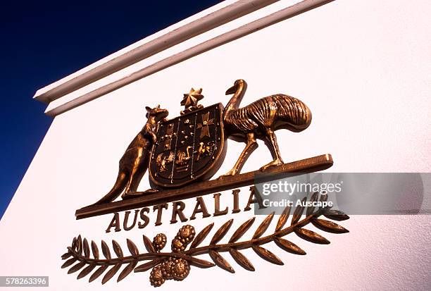 Australian coat of arms, on a pillar on Old Parliament House. Canberra, Australian Capital Territory, Australia.