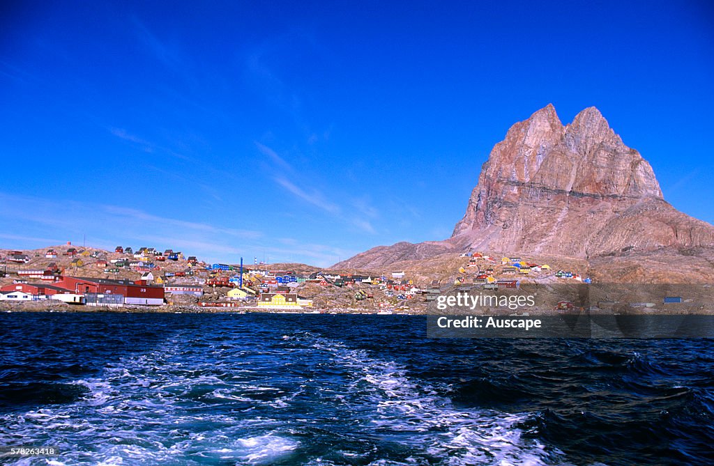 Uummannaq Island town and Uummannaq Mountain on Uummannaq Fjord